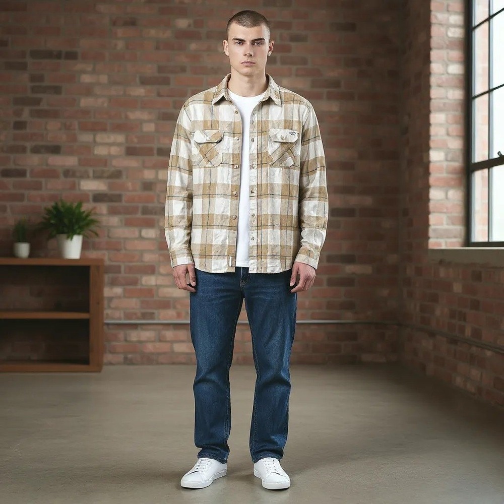 Salty Crew Mens Button Up Shirt‎ L Large Flannel Plaid Beige Long Sleeve